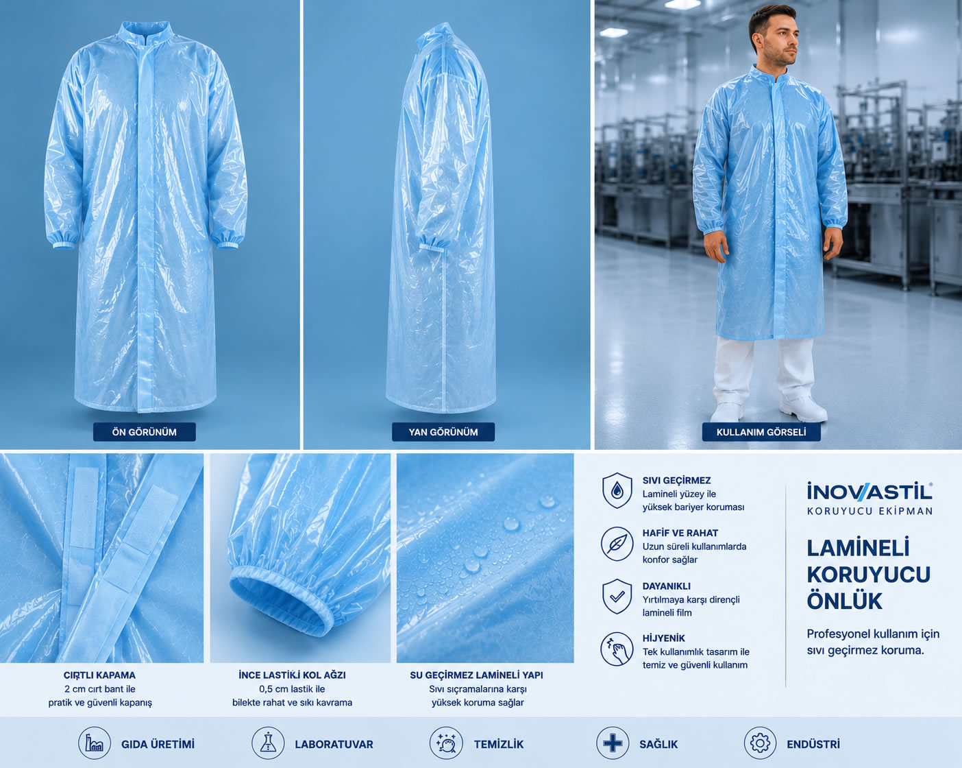 Mavi lamineli tek kullanımlık koruyucu önlük