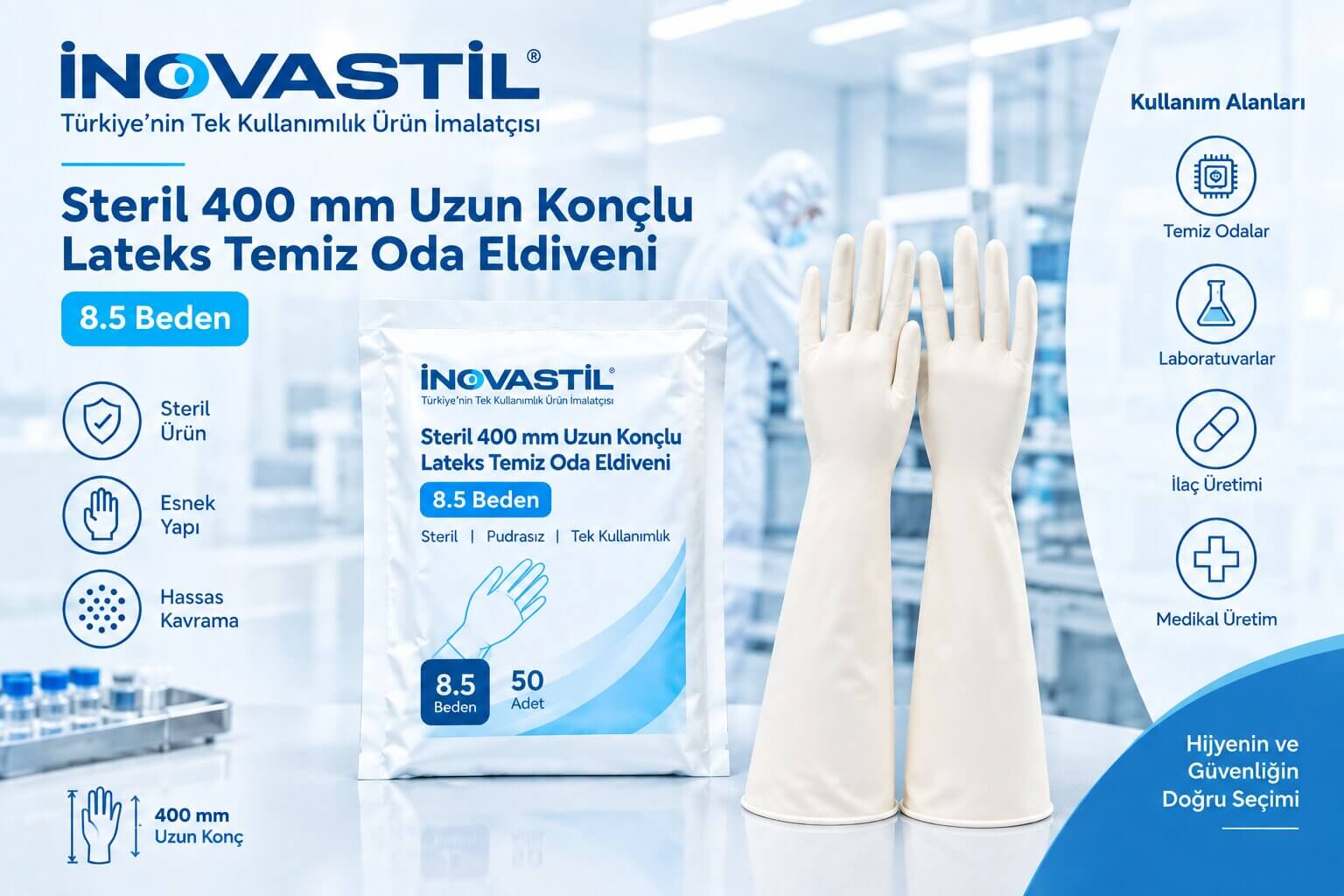 Steril 400 mm Uzun Konçlu Lateks Temiz Oda Eldiveni – 8.5 Beden Steril 400 mm uzun konçlu lateks temiz oda eldiveni 8.5 beden